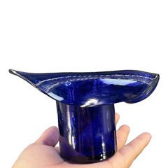 1980s Art Glass Hat Shaped Dish Bowl Clear Cobalt Blue Swirls Folded Edges VTG