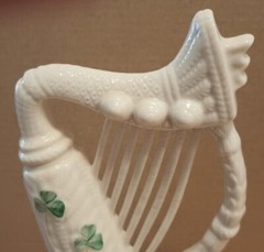 Vintage Belleek 6” Shamrock Harp handmade in Ireland 7th Gold Mark Excellent