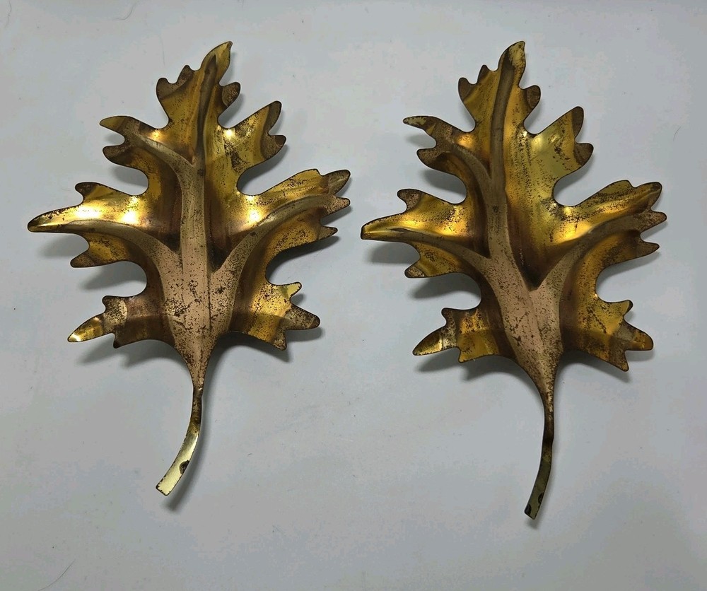 Vintage Set 2 Oak Leaves Home Interiors Gold Copper Metal Wall Art Decor HOMCO