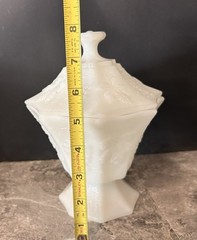 Vintage Milk Glass Anchor Hocking Grapes & Leaves Footed Candy Dish with Lid 8”