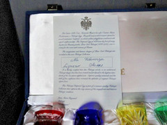 Faberge Na Zdorovye Crystal Colored Cordial Glasses 5 3/4″ H x 2″ at rim NIB