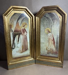VTG Neiman Marcus Gold Leaf Folding Hinged Diptych Panels; “Annunciation”; ITALY