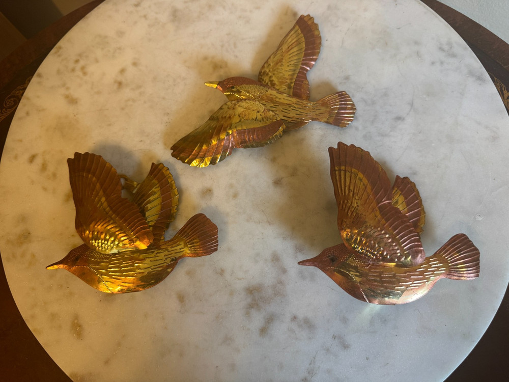 Set of 3 Vintage Home Interiors Gold Tone Tin Birds in Flight