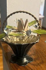 Vintage Italian Tole Metal Flower Basket MCM Mini Toleware Painted Blue Pink