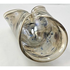 Vintage Folded Hand Blown Art Glass Centerpiece Bowl Murano Style Tan Black Grey