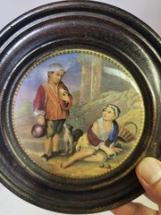 Antique vtg Victorian Framed Wall Hanging English Prattware Pot Lids Couple-READ