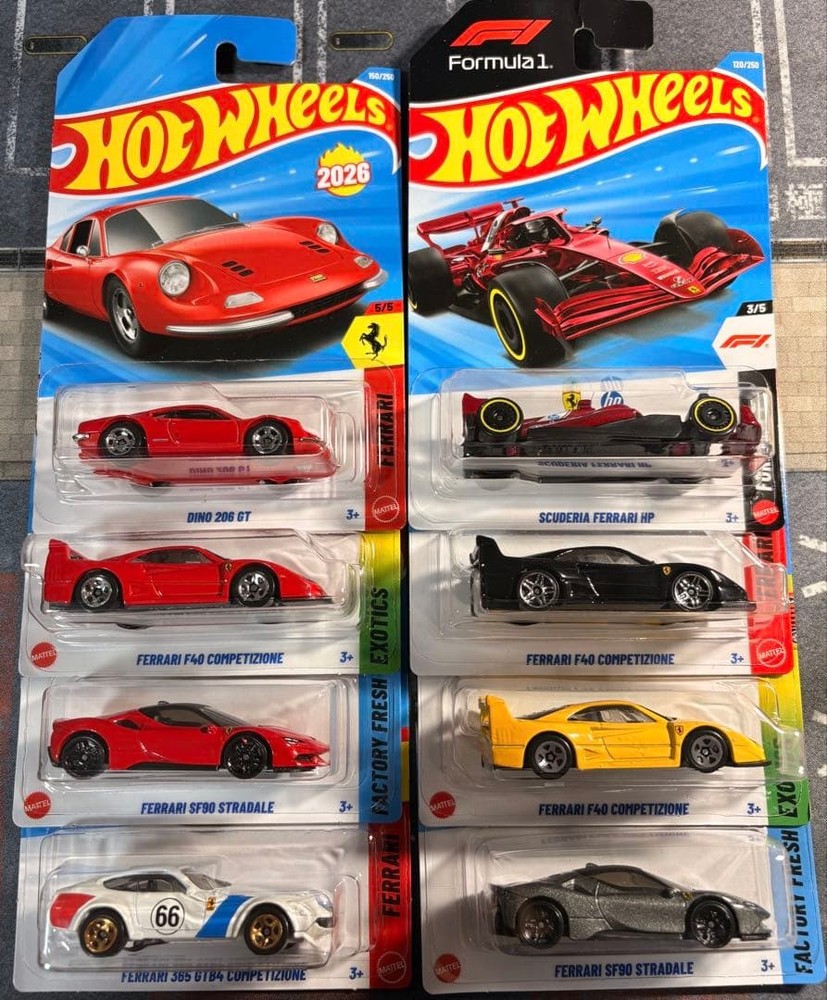 Hot Wheels Ferrari 8 Car Set Dino SF90 F40 365 GTB F1 Collectible