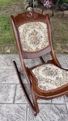 Vintage Mid Century Folding Rocking Chair Wood Tapestry Floral Upholstery