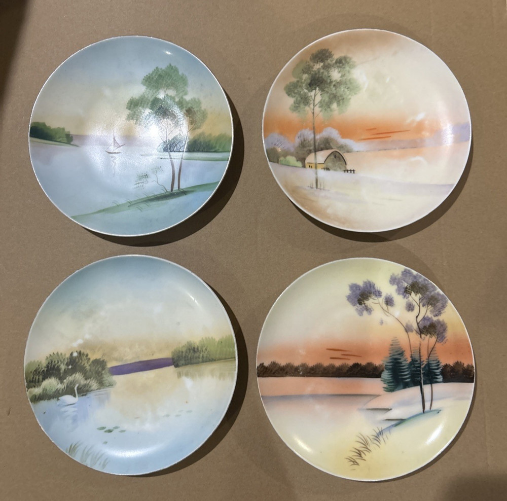 4 Vintage Meito China Hand Painted Landscape Plates 6 1/2″ Japan