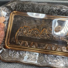 Vintage Tiara Indiana Glass Plate Tray Orange Pink The Last Supper Glass Dish