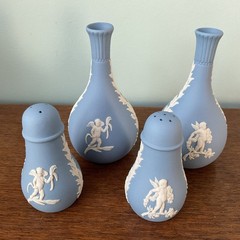 Wedgwood Blue Jasperware Four Seasons Cherubs Salt & Pepper AND Pair Bud Vases