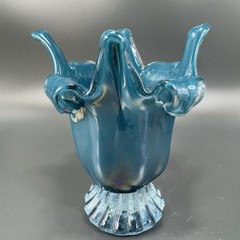 1980s Art Glass Abstract Vase Bowl Centerpiece Teal Blue Iridescent Finish Glass