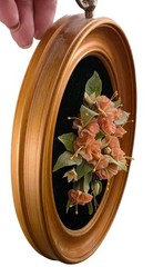 Vintage Oval Gold Framed 3D Flowers Black Background Floral Art Decor 9″x 5″