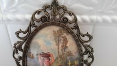 Vintage Made in Italy Kids Playing Print Oval Glass Ornate Metal Frame EUC