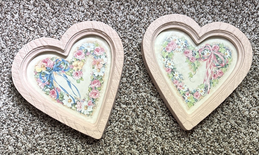Vintage HOMCO 9837 Pink Heart Floral Wall Plaques Set of 2 Barbara Mock