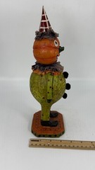 Vintage Folk Art Halloween Bobble Head Pumpkin Face Holding Mask Figurine Radko?