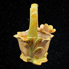 Glazed Art Pottery Brown Majolica Butterfly Basket Planter 8”T 6”W