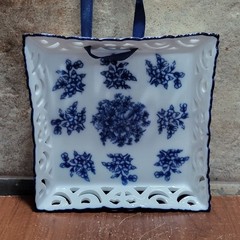 Porcelain Lace Cut Trinket Coin Candy Nut Dish Blue White Flower Wall Hanging