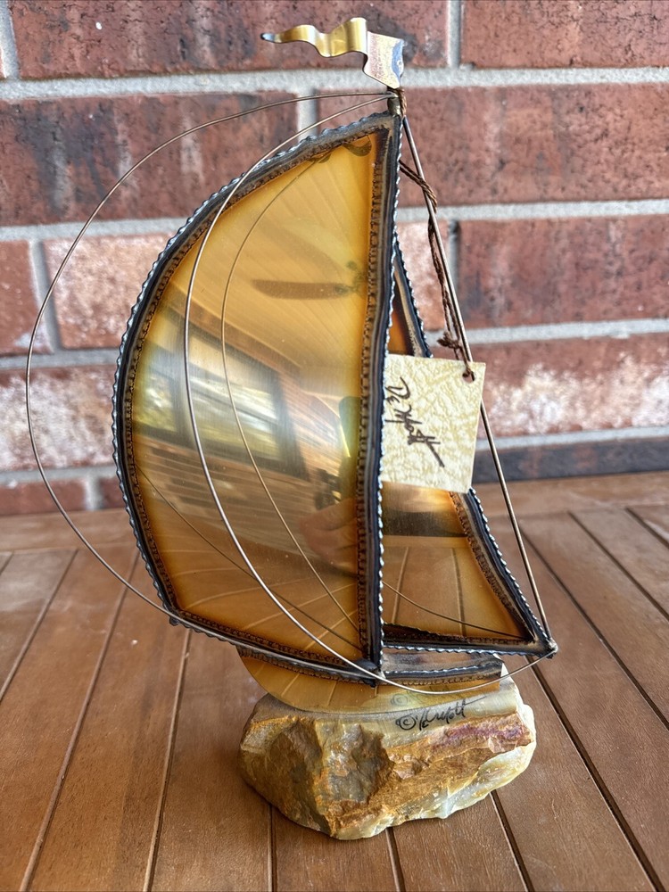 DeMott 10″ Sail Boat Brass Copper Art Sculpture on Striated Rock Base Signed