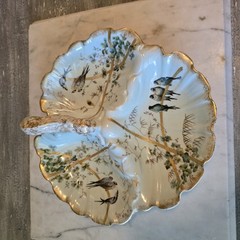 France Porcelain Depose Three compartment caddy Bird painted.