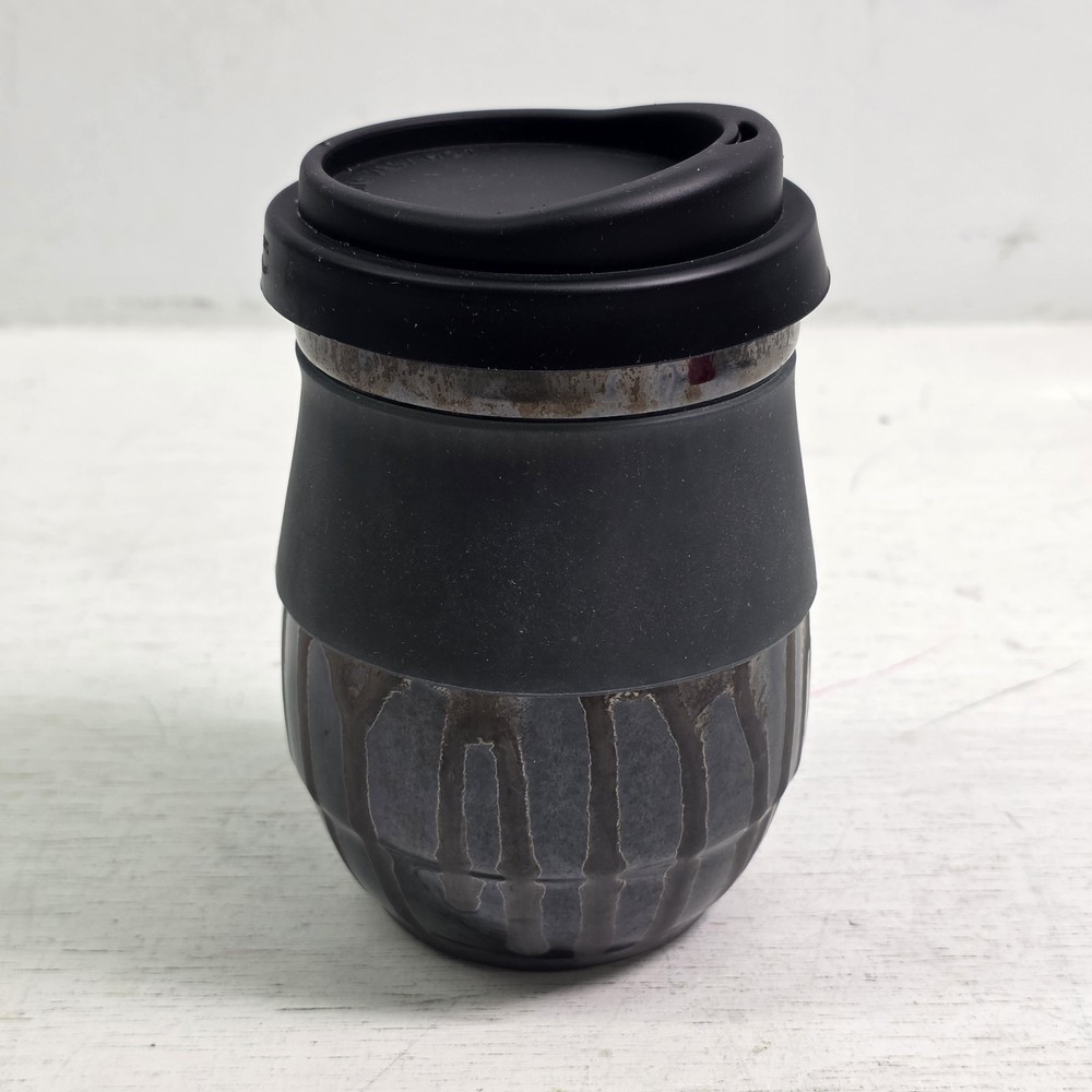 Handmade Pottery Travel Mug Cup With Lid Gray Black Drip Glaze Signed Art EUC