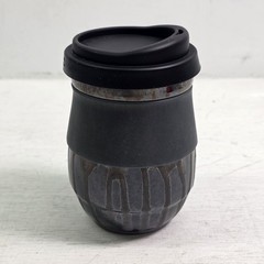 Handmade Pottery Travel Mug Cup With Lid Gray Black Drip Glaze Signed Art EUC