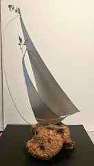 DEMOTT signed Tall Silver Metal Sail Boat Sculpture on Driftwood Base Vintage