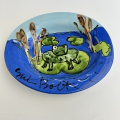 Sue Bolt Hand Painted Small Art Plate Trinket Dish Bowl Frog Decor Signed Vtg