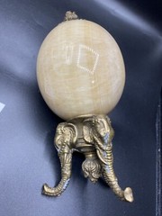 Set Of 2 Alabaster Egg on Three Legged Brass Stand with Elephants HEAVY!!