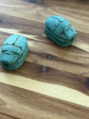 Medium Vintage Antique Egyptian Carved Faience Scarab blue Beetle Focal Bead