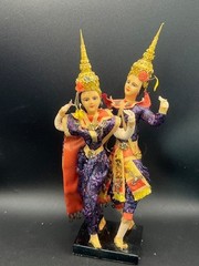 Thailand Traditional Colorful Dancing Dolls Pair Handmade Purple Wood Base 11″