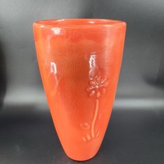Antique Tall Pottery Vase Embossed Flower USA Hand Made Vase Vessel Orange Red
