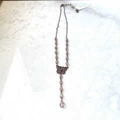1928 Vintage Bronze Tone Purple Butterfly Pendant Station Necklace Boho Dainty