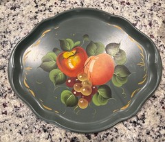 Vintage Hand-Painted Toleware Metal Tray Apple Peach Grapes 16 3/4” x 14”
