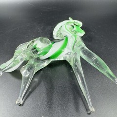 Hand Blown Art Glass Horse Figurine Paperweight Hand Made Glass Green White VTG
