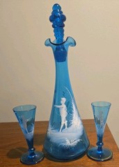 Antique Victorian Mary Gregory Style Glass Decanter w/ Stopper & 2 Glasses