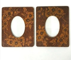 Antique Pair of Pyrography Wood Picture Frames Set of 2 Folk Art Hand-Burned Flo