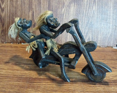 Primitive Tiki Tribal Wood Carving of 2 Natives on a Motorcycle