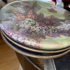 Vtg/antique deco copper Victorian hand painted tin Round advertising butterfly