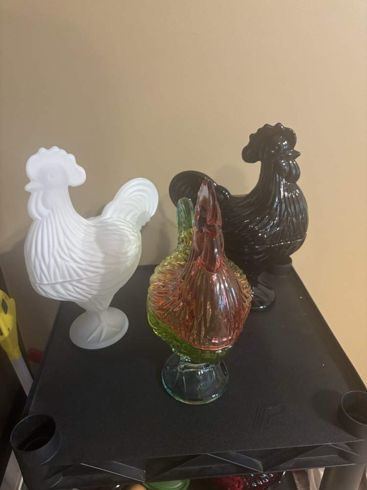 Classic Milk Glass- Midnight Black-iridescent Carnival Glass- Roosters stunning