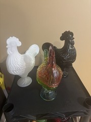 Classic Milk Glass- Midnight Black-iridescent Carnival Glass- Roosters stunning