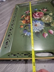 Large Vintage Hand Painted Toleware Tray Black Reticulated Floral Signed 50s 60s
