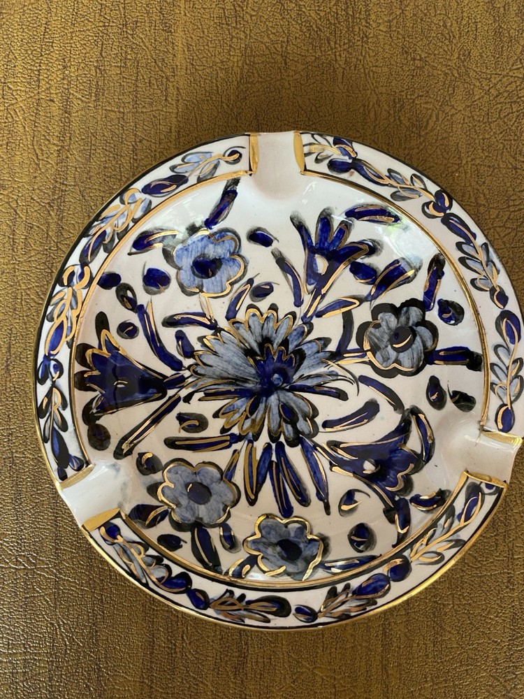 Vintage ICAROS Pottery ASHTRAY Hand Made In Rhodes Greece Blue & Gold FLORAL