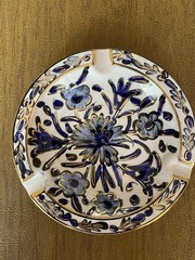 Vintage ICAROS Pottery ASHTRAY Hand Made In Rhodes Greece Blue & Gold FLORAL
