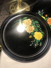Vintage Floral Roses Tole Ware Round Trays Plates Decor Set 12” Dia