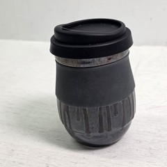 Handmade Pottery Travel Mug Cup With Lid Gray Black Drip Glaze Signed Art EUC