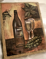 Rustic Wine Grapes Glasses Bottle Picture 5 x 7 on Burlap Neutral Colors Class
