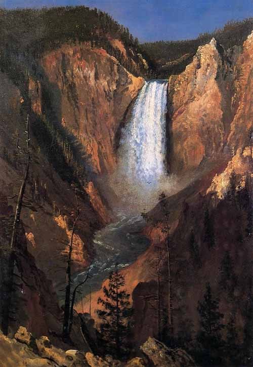 Handpainted Oil painting landscape Lower Yellowstone Falls from mountains 36″