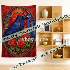 Raven Window Tapestry Gothic Bird Fantasy Wall Hanging dark art 39X59 in