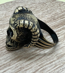 Large Rocker Bronze Ring with Skull and Horns Antique Ancient Rare